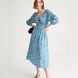 NWT J. Crew Blue Blooms Floral V-Neck Puff-Sleeve Midi Dress